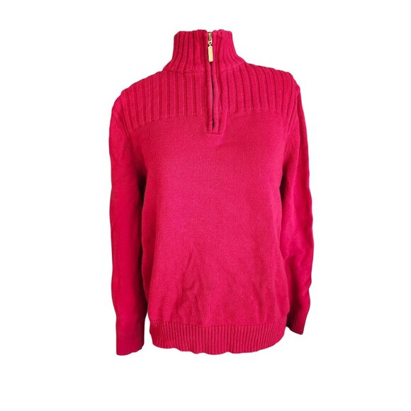 Karen Scott 100%cotton sweater Large red Quarter zip ribbed crew neck pullover - Picture 3 of 10